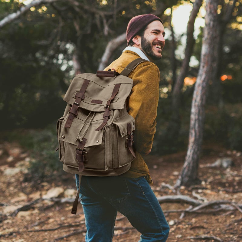 Kattee Menâ€™s Leather Canvas Backpack Large School Bag Travel Rucksack Army Green - Image 2